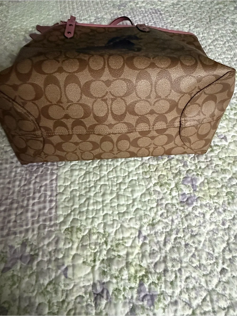 Coach Brown Signature Canvas Tote with Pink Trim and Unicorn Graphic
